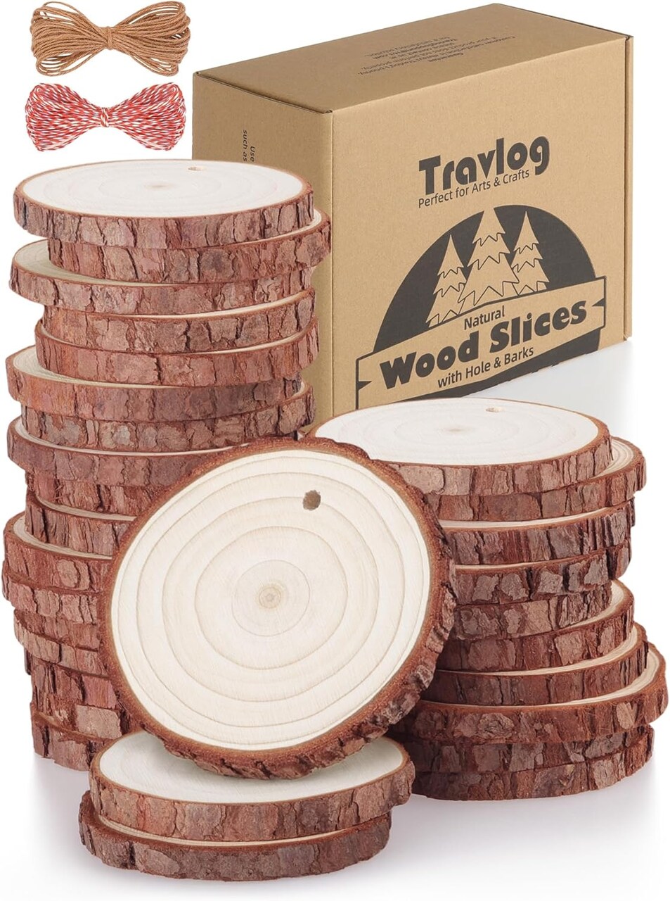 30PCS Unfinished Wood Slices with Hole – Natural Wood Circles with Bark for DIY Crafts, Home Decor, and Christmas Ornaments (2.4–2.8 Inch)